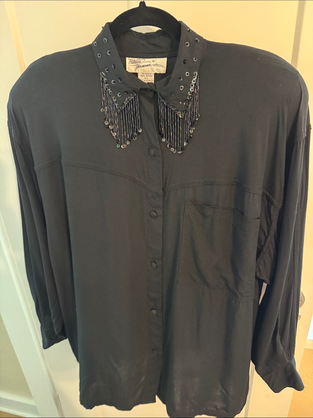 VINTAGE Patricia Hermann NYC Black Button-Down Shirt with Beaded Fringe Collar‎